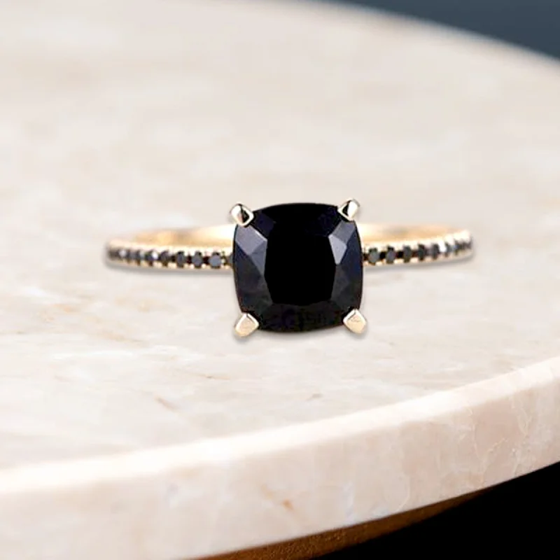 Velvet wrap ring-Cushion Cut Black Diamond Ring In 14 K Rose Gold For Her, Black Diamond Ring