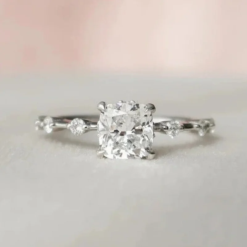 Tall bezel ring-1.5 CT Cushion Cut Moissanite Diamond Rings For Her In 14 K White Gold