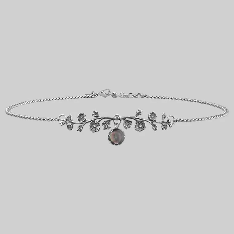 Triad metal necklace-DARK BLOOM. Black Mother of Pearl Choker - Silver