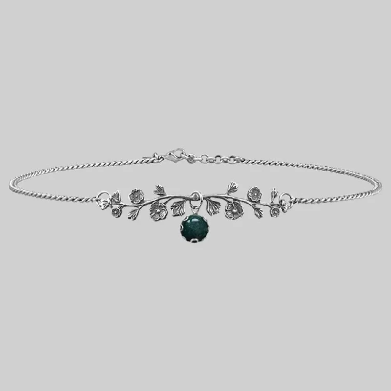 Spire gem necklace-DARK BLOOM. Green Moss Choker - Silver