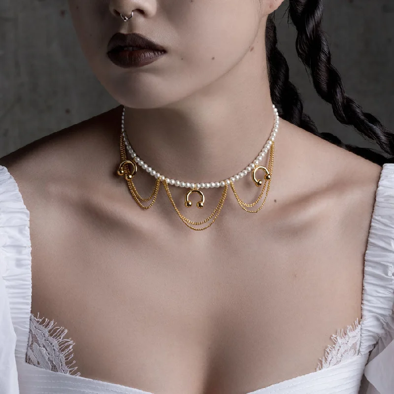 Braided wrap necklace-DECADENCE. Pearl & Chunky Barbell Collar - Gold