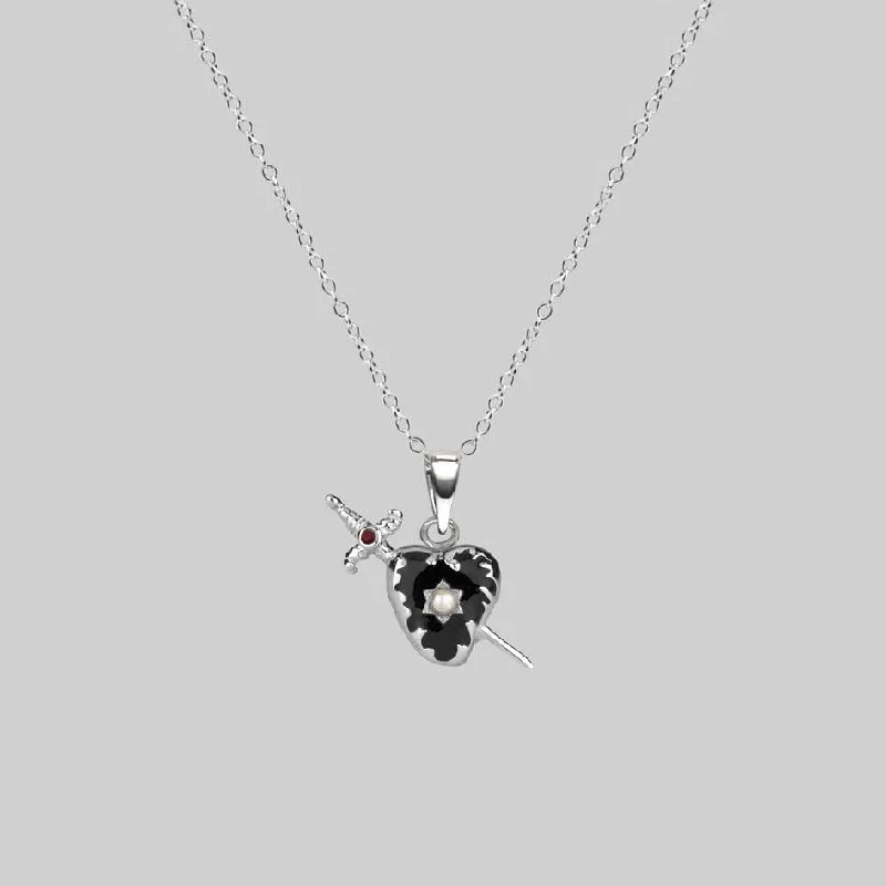 Velvet wrap necklace-DEVOTION. Black Heart & Sword Silver Necklace