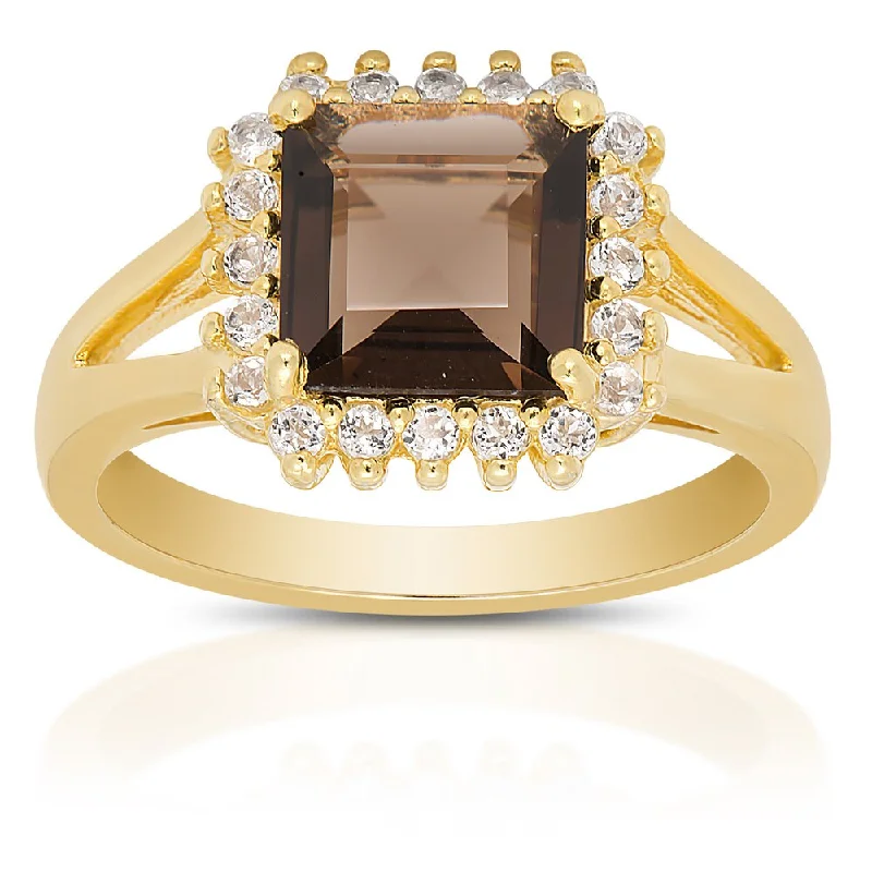 Micro bead ring-Dolce Giavonna Gold Over Sterling Silver Smokey Quartz and White Topaz Gemstone Ring