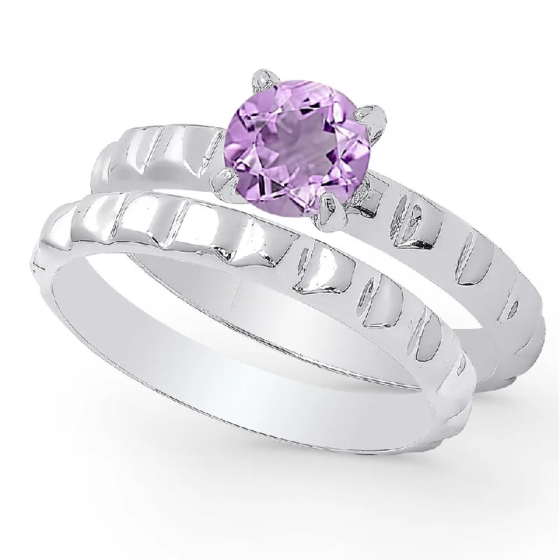 Tusk ridge ring-Dolce Giavonna Sterling Silver Amethyst Solitaire Bridal Ring Set