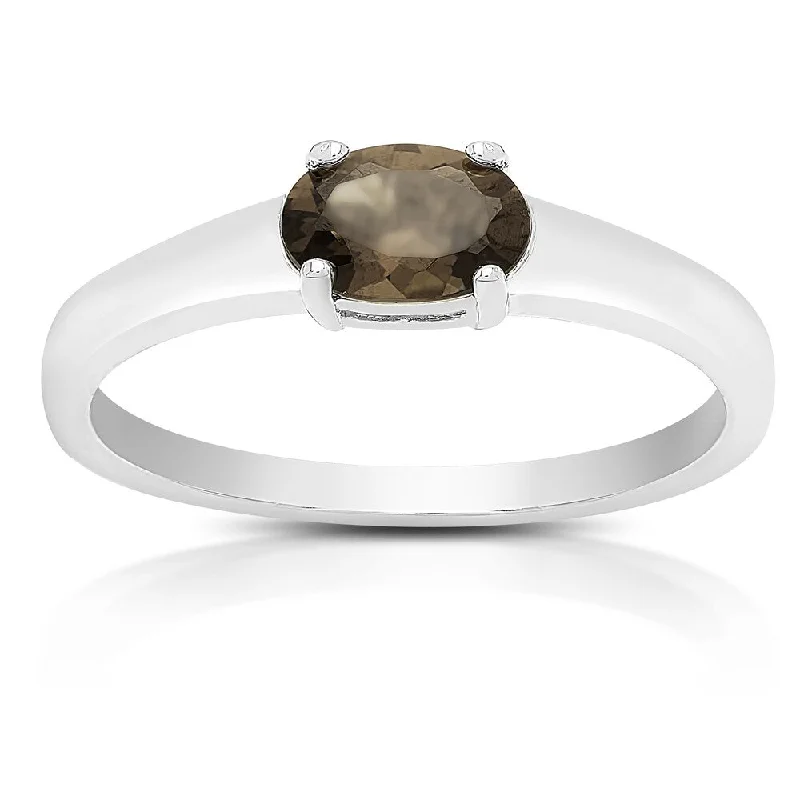 Sharp rim ring-Dolce Giavonna Sterling Silver Smokey Quartz Oval Solitaire Ring