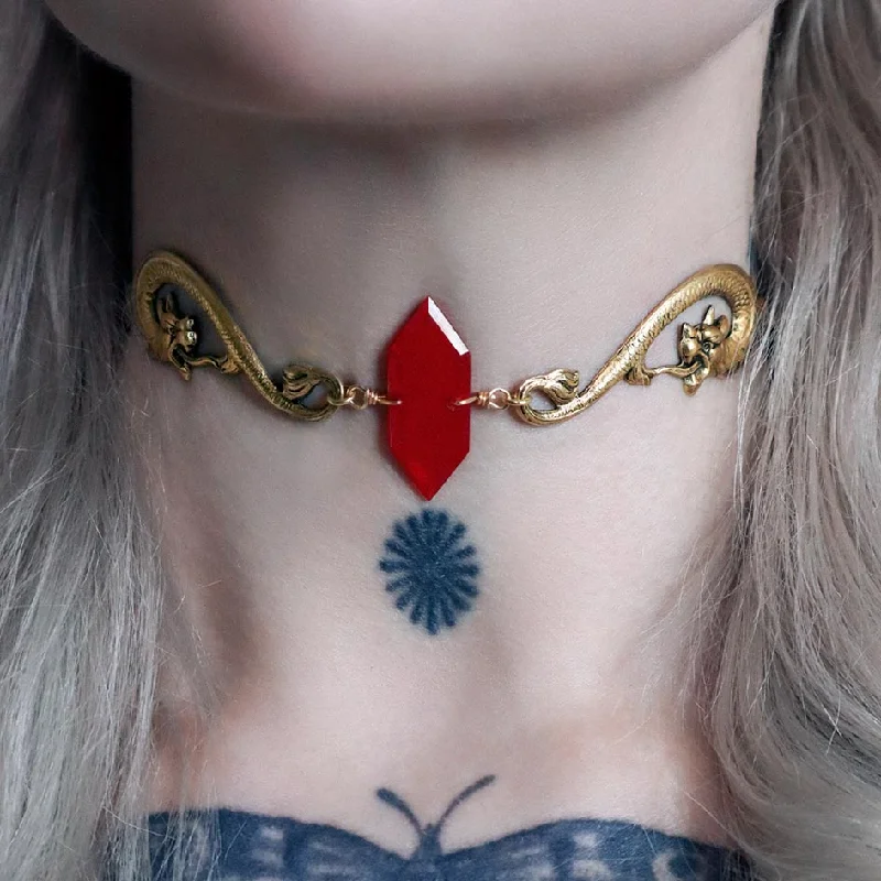 Viking twist necklace-DRAKE. Red Glass Dragon Choker - Gold