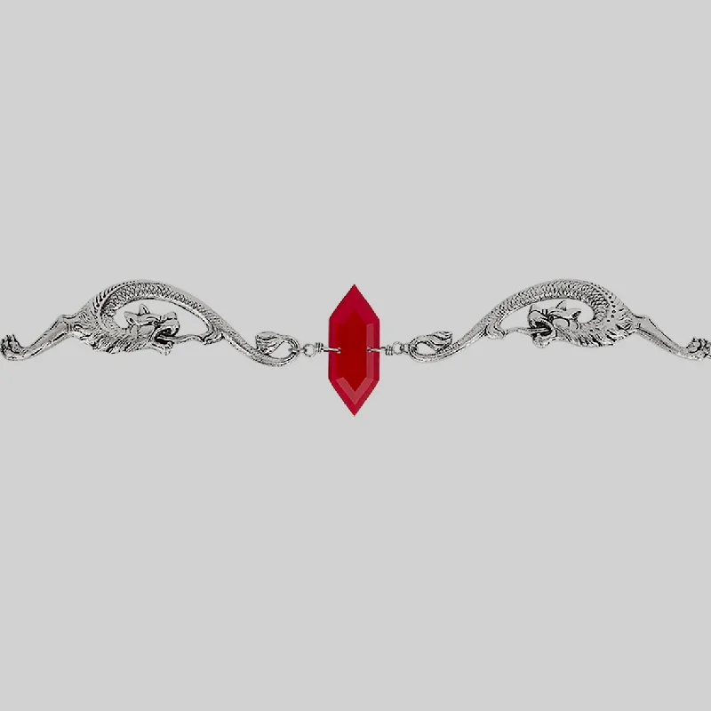 Artisan craft necklace-DRAKE. Red Glass Dragon Choker - Silver