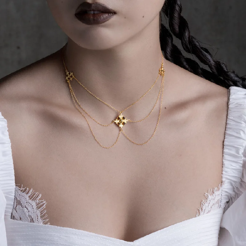 Glimmer spark necklace-ELVIRA. Medieval Cross Garnet Necklace  - Gold