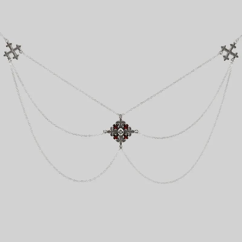 Fused gem necklace-ELVIRA. Medieval Cross Garnet Necklace  - Silver