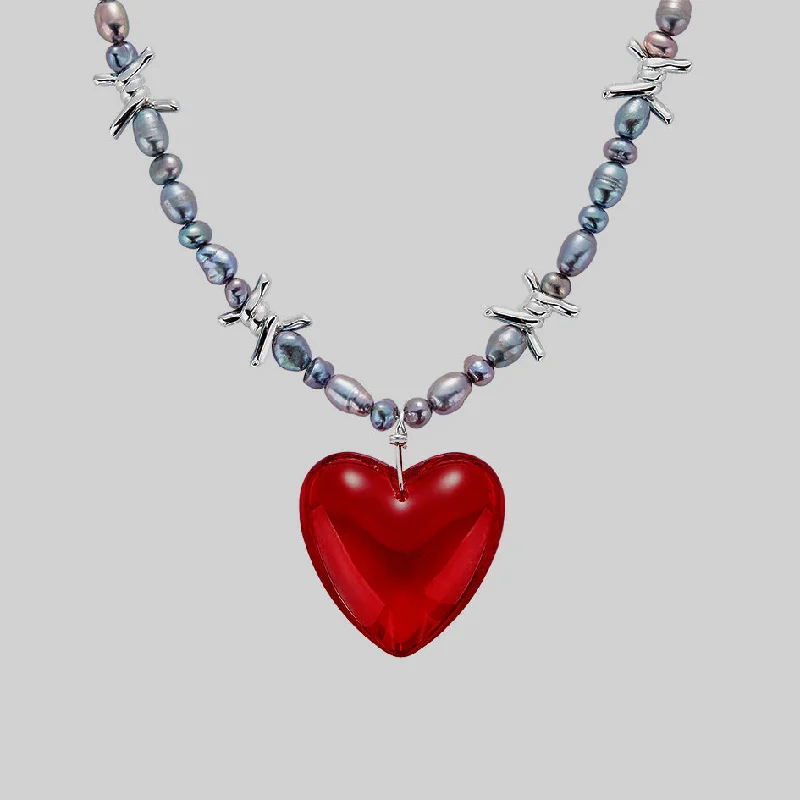 Rose petal necklace-HEART OF STONE. Barbed Wire & Black Pearl Necklace - Silver