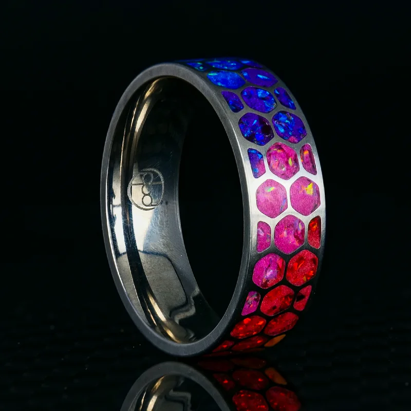 Matte band ring-Hexagon Prismatic Opal Glowstone Ring on Titanium