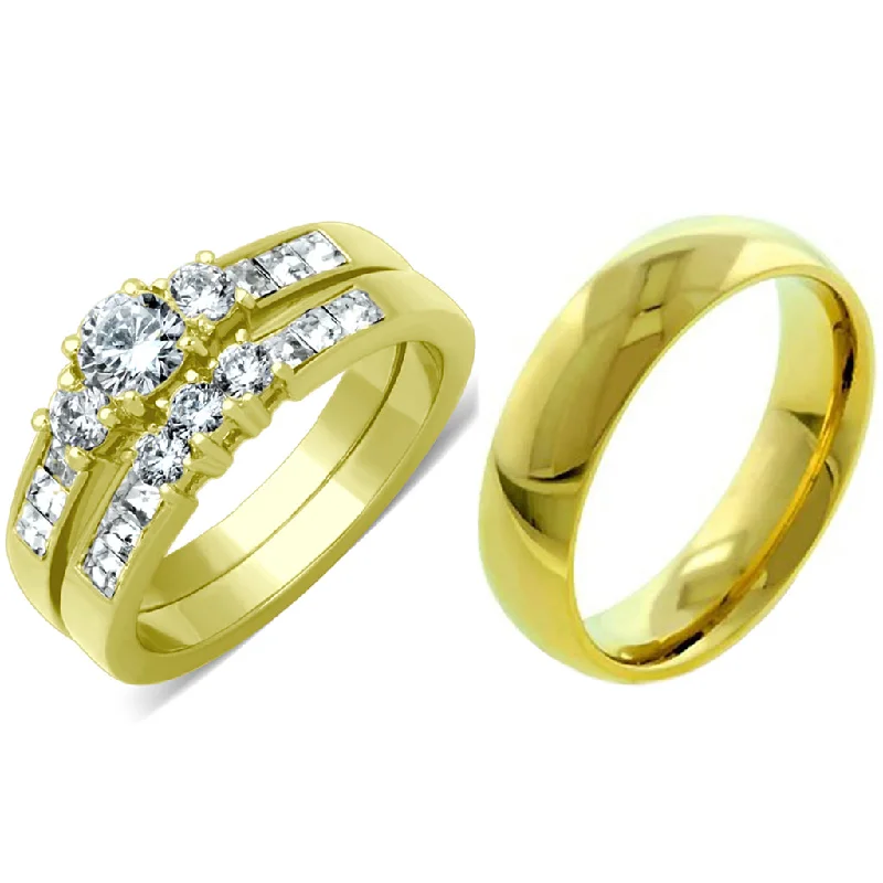 Frayed rim ring-His Hers 3 Pcs Gold IP Stainless Steel Small Round Cut CZ Wedding Ring set and Mens Band