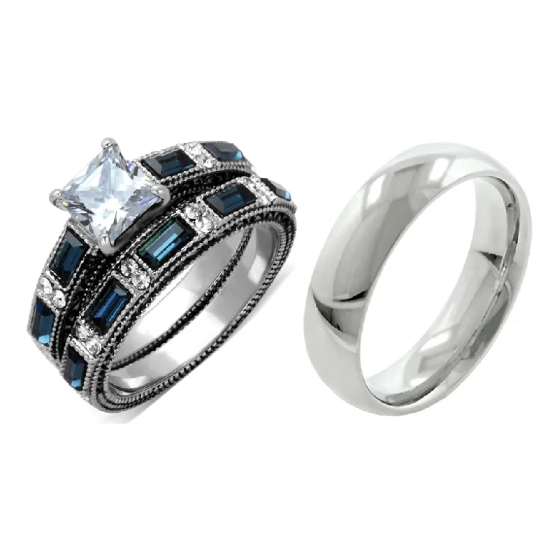 Quad knot ring-His Hers 3 PCS Stainless Steel Clear Princess CZ Deep Blue CZ Wedding Ring set Mens Dome Band