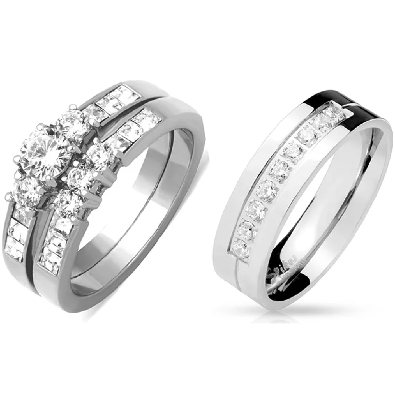 Spire gem ring-His Hers 3 PCS Stainless Steel Round Cut CZ Wedding Ring set Mens 9 Round CZ Band