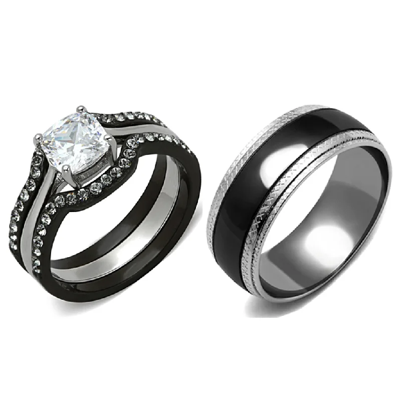 Gingham band ring-His Hers 4 PCS Black IP Stainless Steel Cushion Cut CZ Wedding Set Mens Matching Black Band