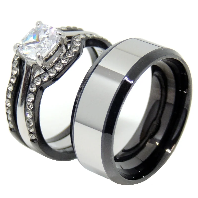 Birch husk ring-His Hers 4 PCS Black IP Stainless Steel Cushion Cut CZ Wedding Set Mens Two Tone Band