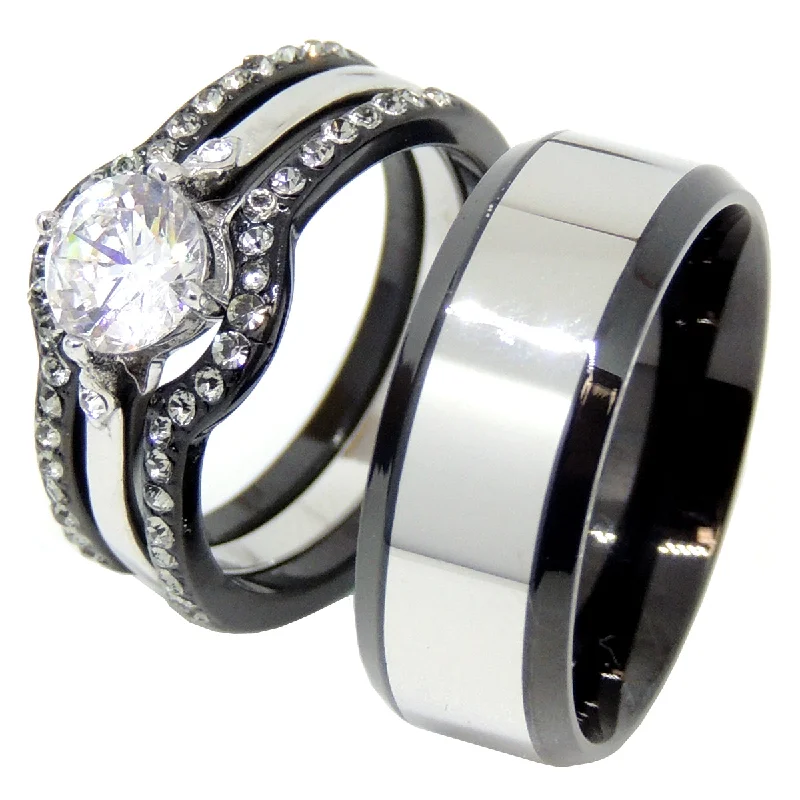 Repurposed relic ring-His Hers 4 PCS Black IP Stainless Steel Round Cut CZ Wedding Set Mens Two Tone Band