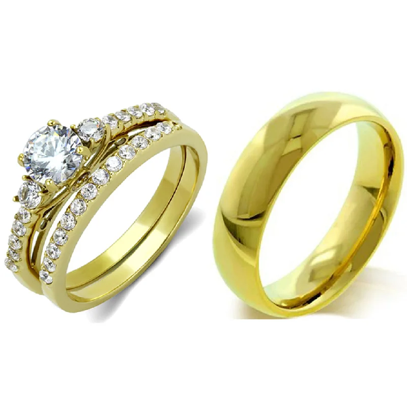 Glimmer spark ring-His Hers Couple 3 PCS 5x5mm Round Cut CZ Gold IP Stainless Steel Wedding Set Mens Gold Band