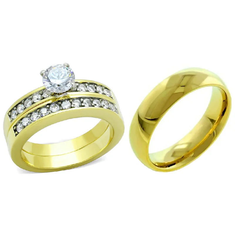 Coral seed ring-His Hers Couple 3 PCS 6x6mm Round Cut CZ Gold IP Stainless Steel Wedding Set Mens Gold Band