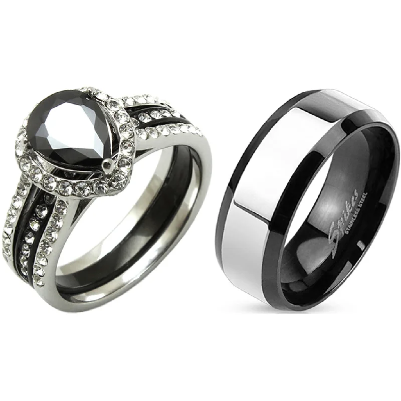 Sandstone speck ring-His Hers Matching Couple Ring Set Womens Black Pear CZ Wedding Ring Set Mens Two Tone Band