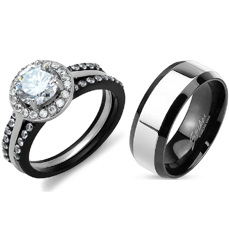 Clustered stone ring-His Hers Matching Ring Set Womens 1 Carat 7x7mm CZ Black Wedding Ring Set Mens Two Tone Band