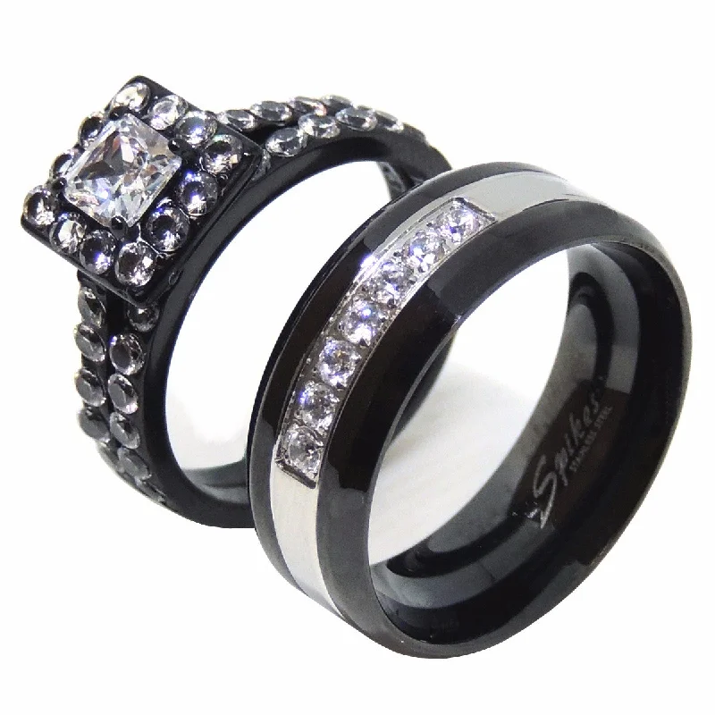 Fifteen-stone ring-His Hers Ring Set Womens Princess Square CZ Bridal Ring Mens 7 CZs Wedding Band