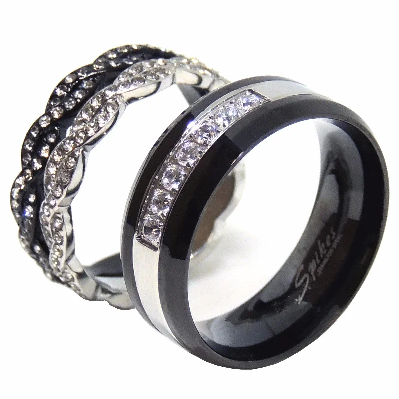 Radiant set ring-His Hers Ring Set Womens Two Tone Stainless Steel 2 Bands Mens 7 CZs Wedding Band