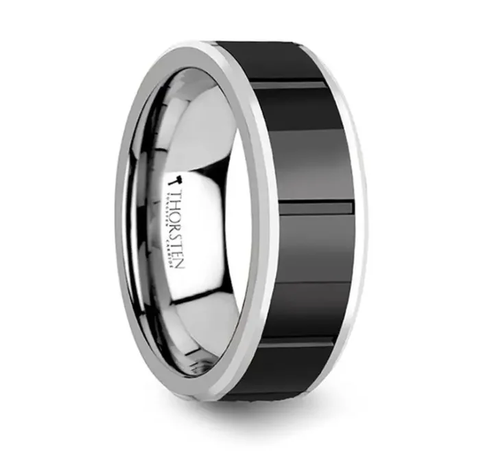 Pale dusk ring-KONSTANTINE Watch Band Style Tungsten Ring With Black Ceramic Inlay - 8mm