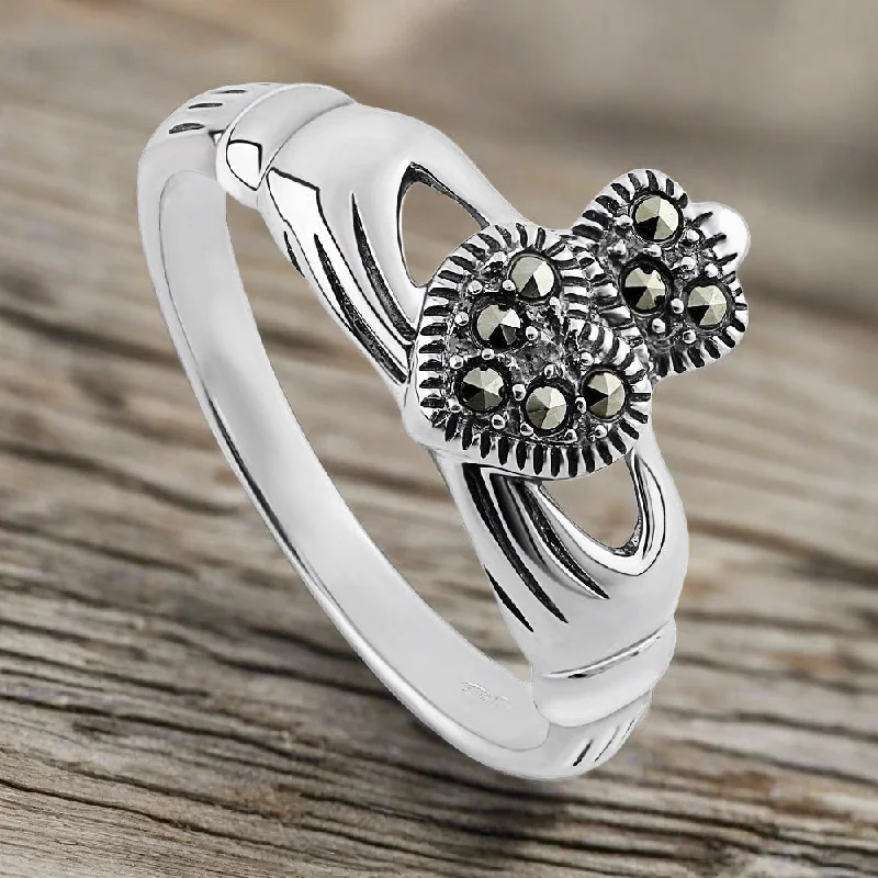 Folk print ring-Silver Marcasite Claddagh Ring