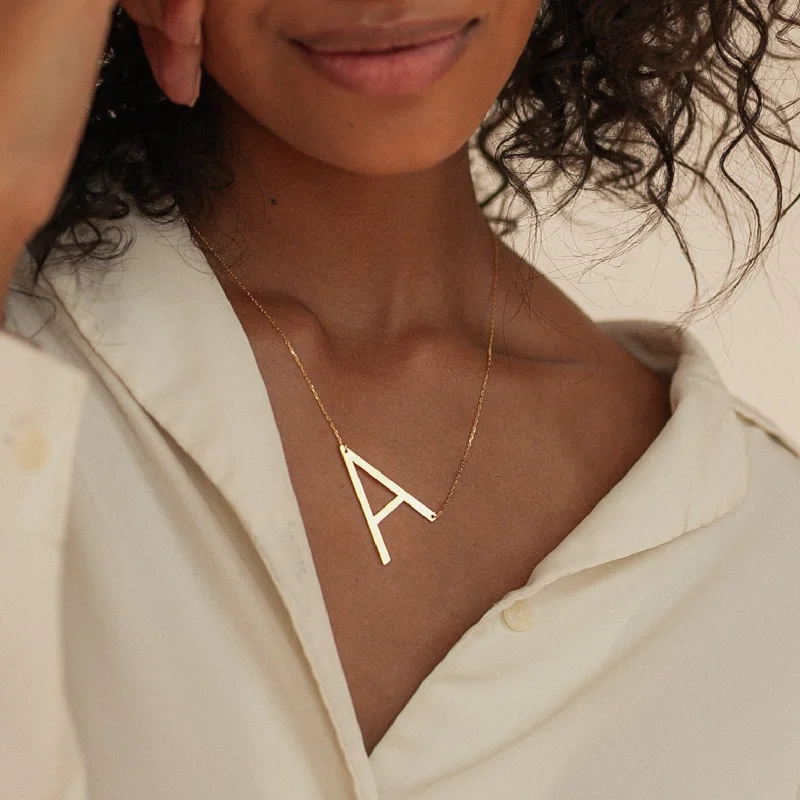 Web grid necklace-Large Sideways Initial Necklace