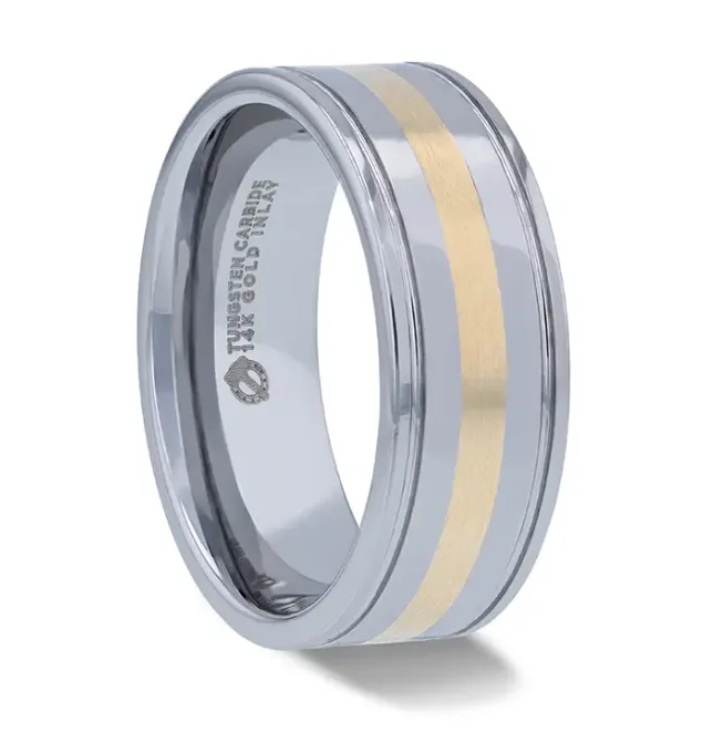 Tall bezel ring-LAZIO 14k Gold Inlay with Grooved Edges Tungsten Polished Wedding Band - 8mm