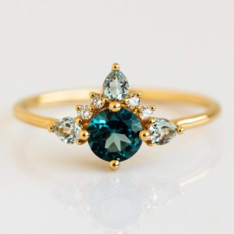 Rose set ring-London Blue Round Topaz Princess Crown Ring