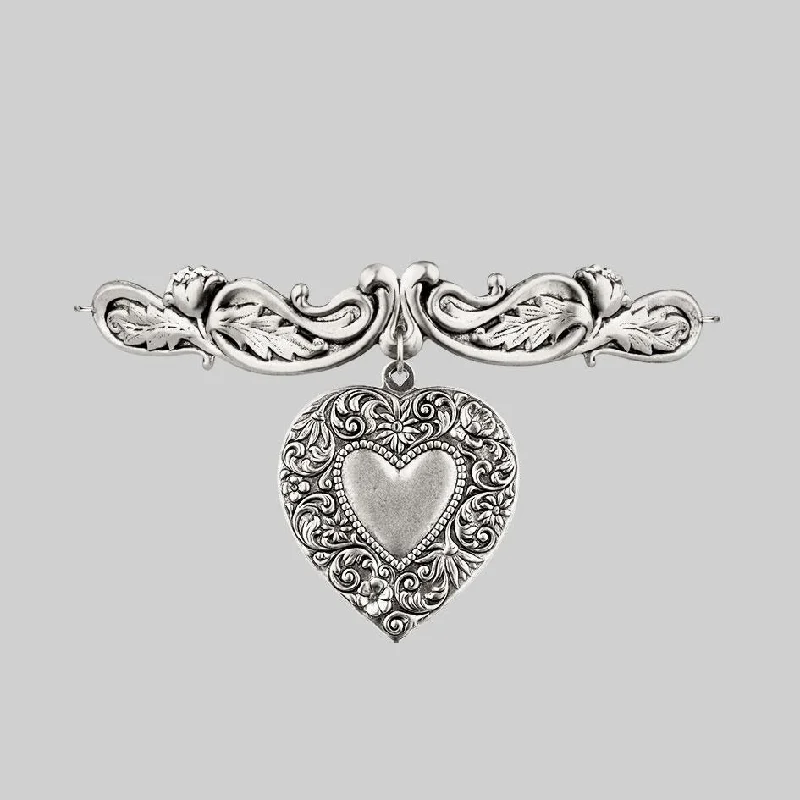 Pale dusk necklace-LOVE STRUCK. Ornate Heart Choker - Silver