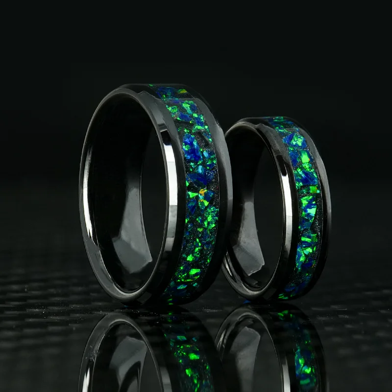 Starfield design ring-Matching Black Emerald Opal Glowstone Wedding Ring Set