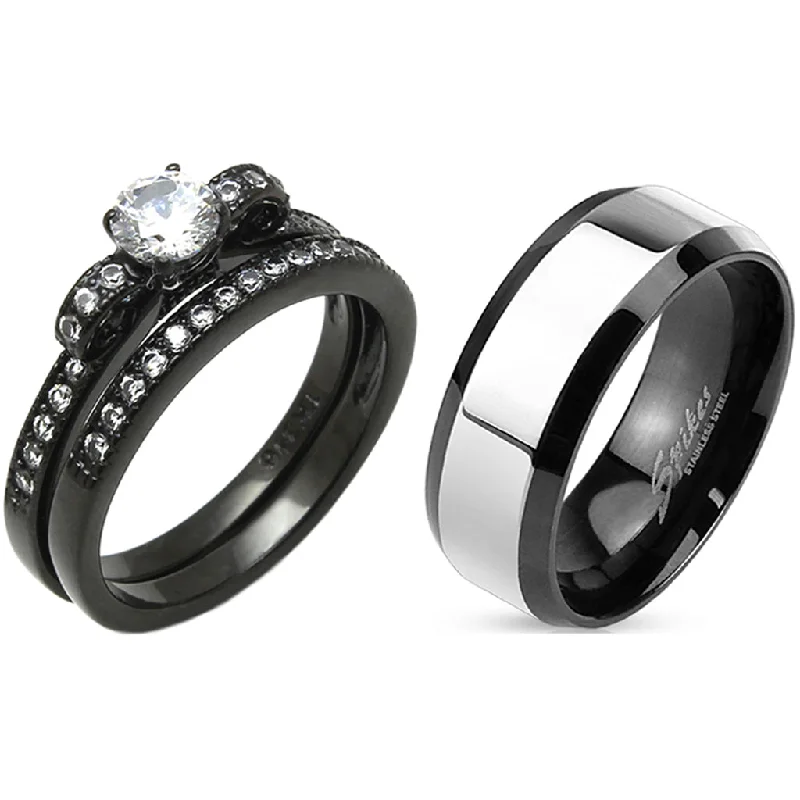 Bamboo wrap ring-Matching Couple Ring Set Womens Black Anniversary Ring Set Mens Two Tone Band