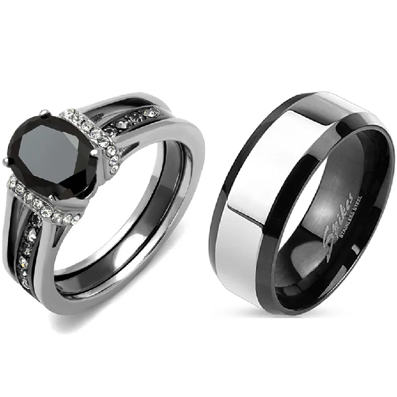 Crimped band ring-Matching Couple Ring Set Womens Black Oval CZ Black Wedding Ring Set Mens Two Tone Band