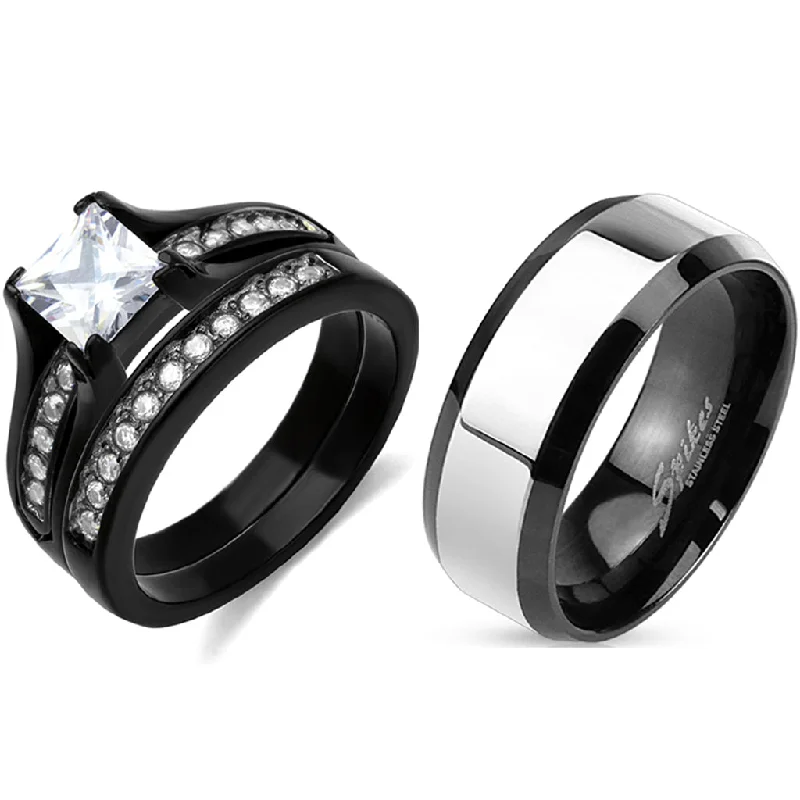 Fleck finish ring-Couple Ring Set 1 Carat Princess CZ Black Stainless Steel Wedding Ring Set Mens Two Tone Band