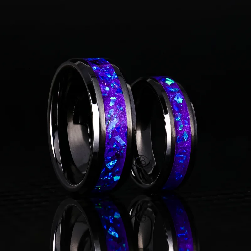 Iron relic ring-Matching Lavender Opal Glowstone Wedding Ring Set on Black Ceramic