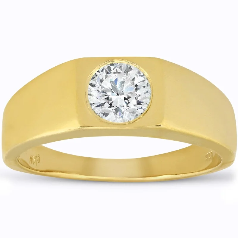 Tusk ridge ring-Mens 1 ct Round Solitaire Diamond Wedding Ring 14k Yellow Gold