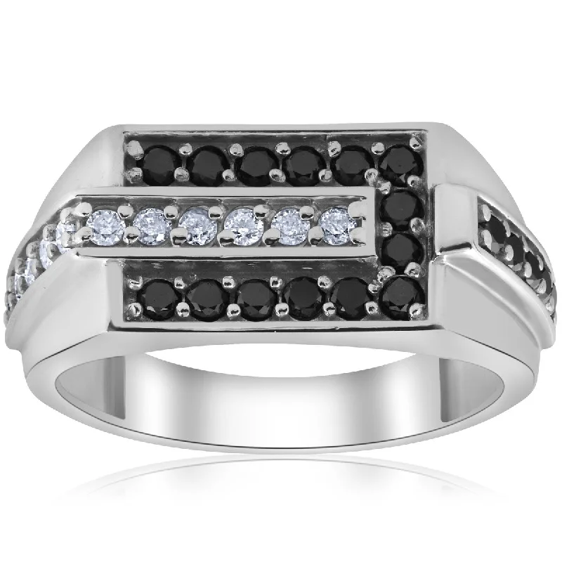 Gaelic braid ring-Mens 5/8ct Black & White Diamond Wedding Ring 10k White Gold