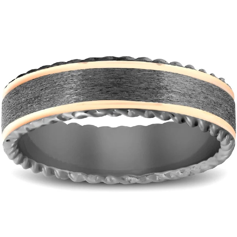 Ebony black ring-Mens Black & Rose Gold 6MM Comfort Fit Braided Brushed Wedding Band