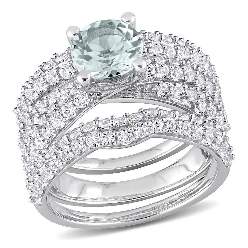 Ornate swirl ring-Mimi & Max 3 3/4ct TGW Aquamarine Created White Sapphire Bridal Ring Set in Sterling Silver