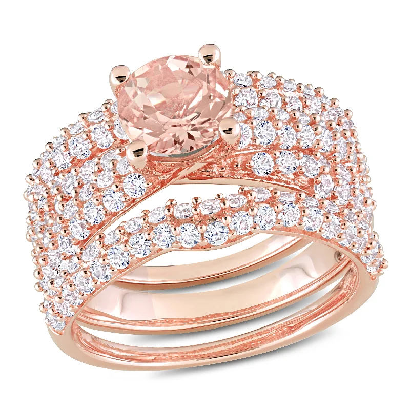 Smooth cut ring-Mimi & Max 3 3/4ct TGW Morganite Created White Sapphire Bridal Set in Pink Silver