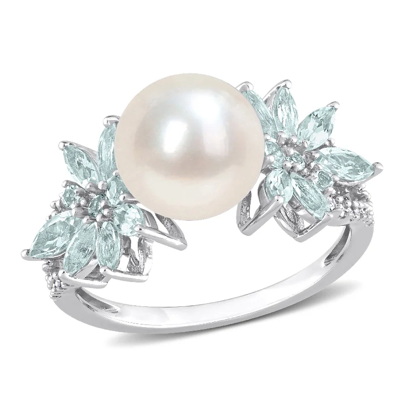 Swirl tide ring-Mimi & Max 9-9.5mm Cultured Freshwater Pearl and 3/5ct TGW Aquamarine and 1/8ct TW Diamond Flower Ring in 14k White Gold