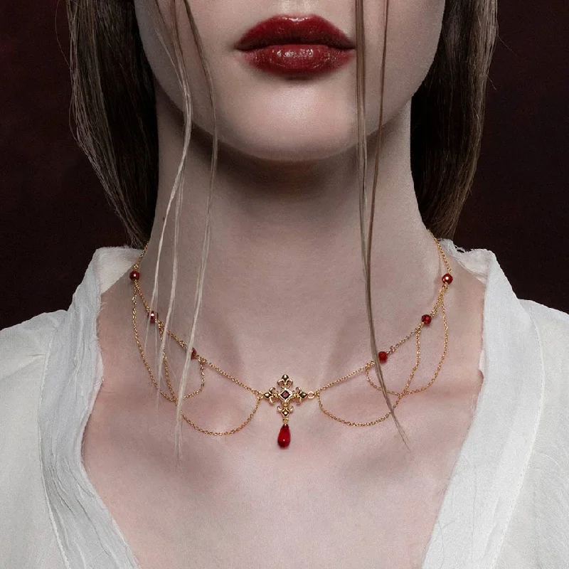 Layered gem necklace-MUTINY. Fleur de Lis Multi-Drop Garnet Collar - Gold