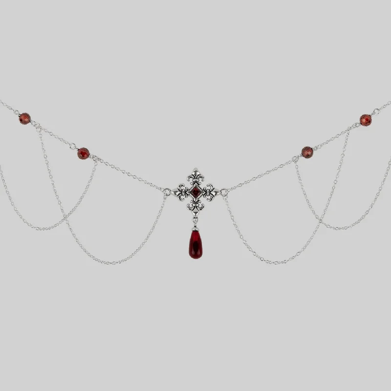 Twisted alloy necklace-MUTINY. Fleur de Lis Multi-Drop Garnet Collar - Silver