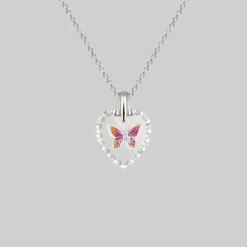 Heart-shaped opal necklace-NEW DAWN. Butterfly Engraved Glass Heart Necklace - Silver