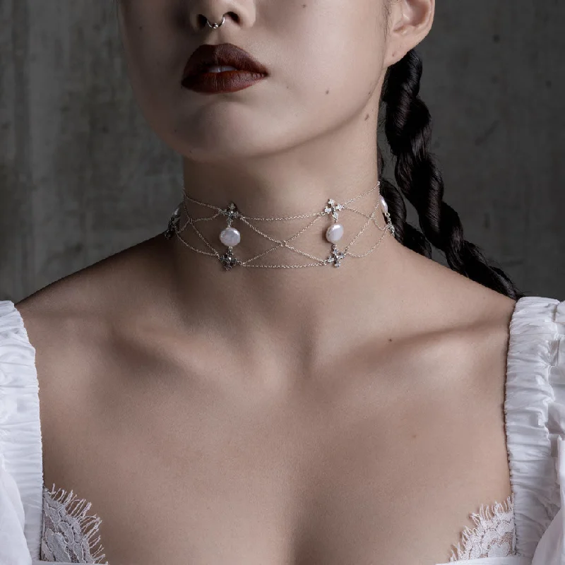 Faint check necklace-OPHELIA. Medieval Cross Choker - Silver