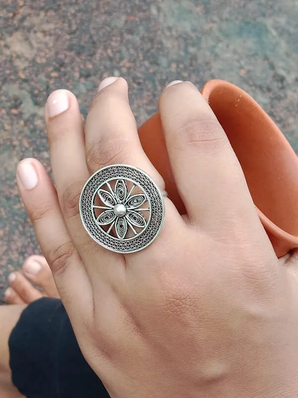 Sisal wrap ring-Oxidised Chakra Ring