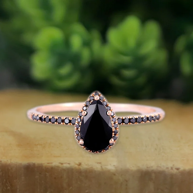 Crimson garnet ring-1ct Pear Black Diamond Halo Ring